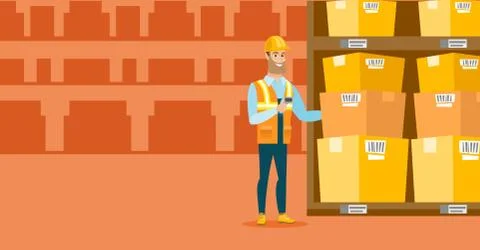 Warehouse worker scanning barcode on box Stockillustratie