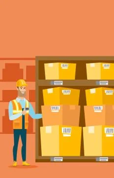 Warehouse worker scanning barcode on box Stock Illustration