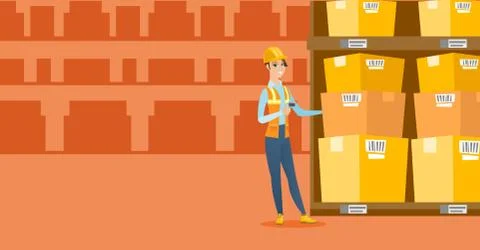 Warehouse worker scanning barcode on box 库存插图