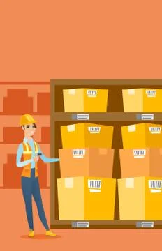 Warehouse worker scanning barcode on box Stock Illustration