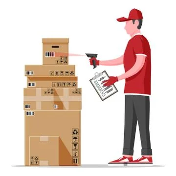 Warehouse worker scanning barcode on cardboard box Stock Illustration