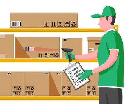 Warehouse worker scanning barcode on cardboard box 스톡 일러스트