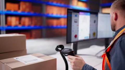 Warehouse Worker Scanning Barcode Labels On Parcels Stock Footage 331517080