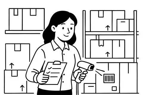 Warehouse worker scanning barcodes on boxes with clipboard and scanner 库存插图