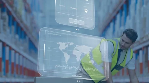 Warehouse worker scanning box in aisle, activating AR map, graphs, tracking and Vidéo 332804611