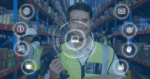 Warehouse worker scanning box with handheld scanner, activating HUD laptop icon, Stock Footage 330355782