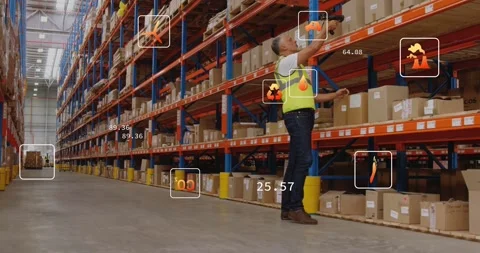 Warehouse worker scanning boxes with scanner, verifying stock and generating Stock Footage 334036531