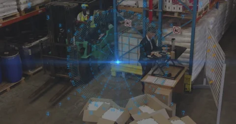 Warehouse worker scanning docs, entering inventory data with pulsing overlay as Stock Footage 312844776