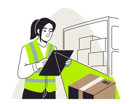 Warehouse worker scanning package. Vector illustration Stock-Illustration