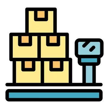 Warehouse worker scanning packages on digital scale for delivery Illustrazione stock