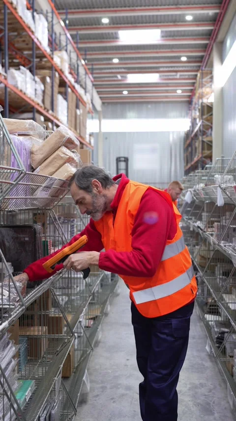 Warehouse worker scanning packages on metal shelves Stock Footage 312856470
