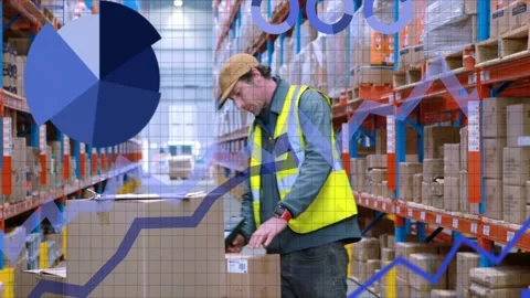 Warehouse worker scanning pallet barcodes, activating animated charts and binary Stock Footage 333255656