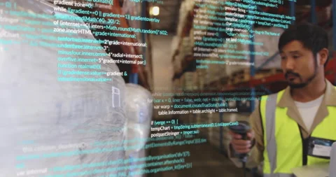 Warehouse worker scanning pallet initiating code overlay updating inventory data Stock Footage 312468381