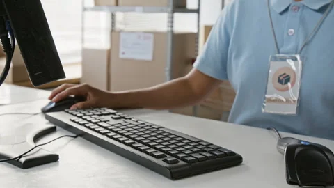 Warehouse Worker Scanning Parcel at E-commerce Fulfillment Center Stock Footage 346057100