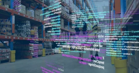 Warehouse worker scanning racking with tablet, causing AR overlay moving around Stock Footage 332285649