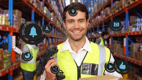 Warehouse worker scanning with scanner in aisle, updating stock while HUD icons Stock Footage 331048430