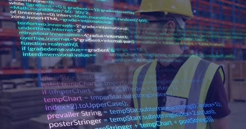 Warehouse worker scanning steel racks while mapping code overlay onto pallets Stock Footage 327394191