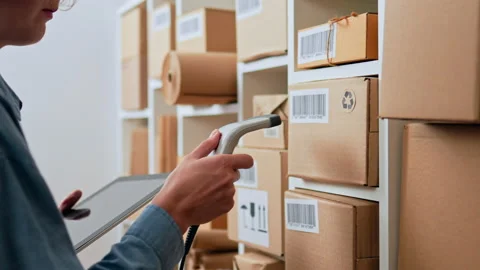 Warehouse worker scans parcels sorting cargo of shipments at the terminal, T Stock Footage 220629251
