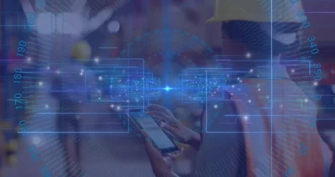 Warehouse worker scrolling smartphone with pulsing network, scanning area as Stock Footage 317185392
