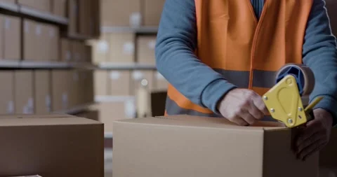 Warehouse worker sealing a box with tape Stock Footage 297855965