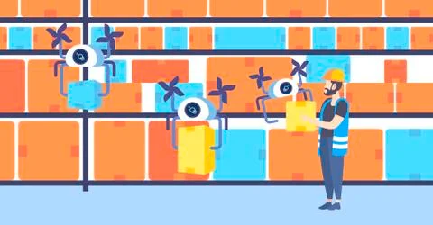 Warehouse worker sending cardboard boxes with drone delivery service automatic Stock Illustration