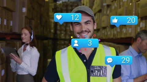 Warehouse worker smiling as animated notifs popping around vest, boosting pride Stock Footage 332504947