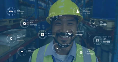 Warehouse worker smiling, surrounded by logistics and data processing animation Stock Footage 305727152