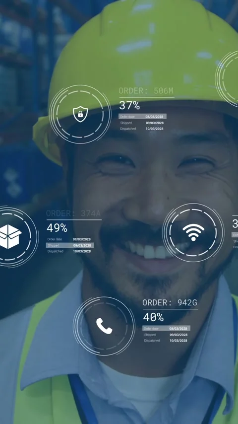 Warehouse worker smiling, surrounded by logistics and data processing animation Stock Footage 342915964
