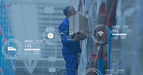 Warehouse worker stacking boxes with digital data processing animation overlay Stock Footage 304840673