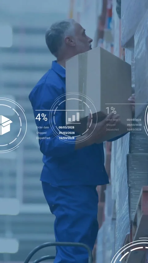 Warehouse worker stacking boxes with digital data processing animation overlay Stock Footage 319883328