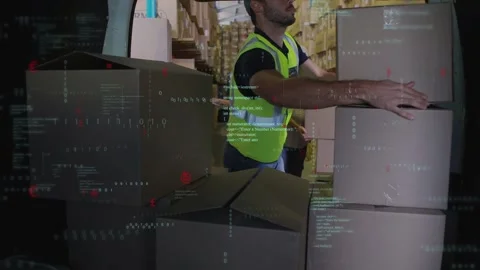 Warehouse worker stacking boxes, grabbing pile then loading van in aisle with Stock Footage 333425496