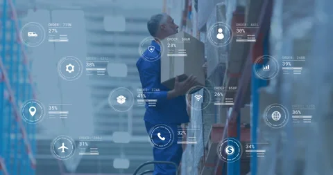 Warehouse worker stacking boxes, logistics data processing animation over scene Stock Footage 305727119