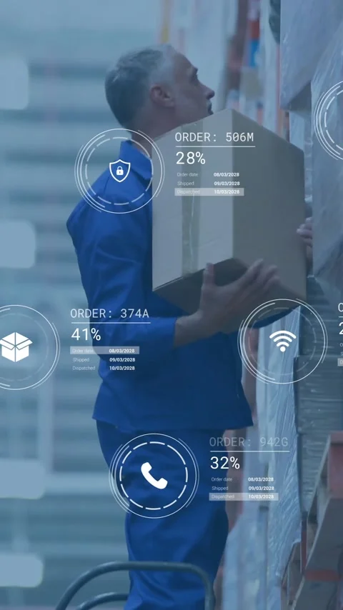Warehouse worker stacking boxes, logistics data processing animation over scene Stock Footage 319416056