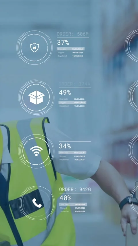 Warehouse worker stacking boxes with logistics data processing animation over Stock Footage 342997274