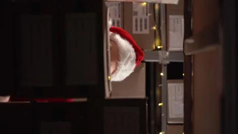 Warehouse worker stacking boxes with parcels on shelves, view through shelves 스톡 동영상 248490326