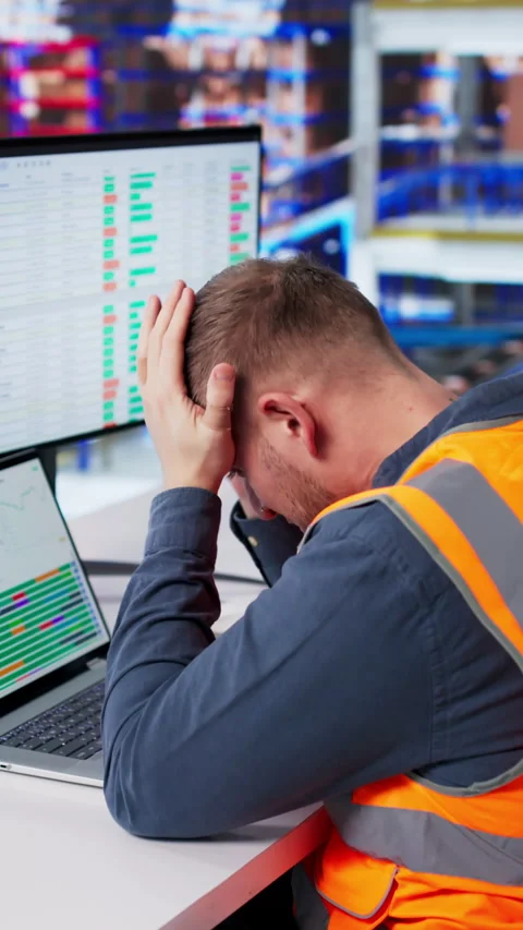 Warehouse Worker Struggles With Computer System, Feeling Confused Stock Footage 331153029