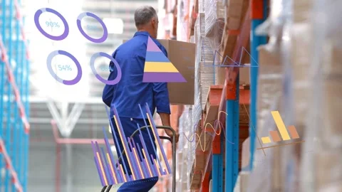 Warehouse worker taking box climbing ladder storing stock on shelf as data Stock Footage 333169621
