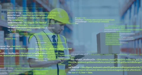 Warehouse worker tapping tablet in aisle, activating green data and verifying Stock Footage 330355776
