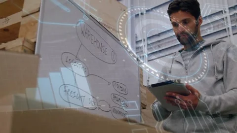 Warehouse worker tapping tablet and comparing data with whiteboard, HUD overlay Stock Footage 321979331