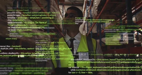 Warehouse worker tapping tablet screen and streaming code overlay while Stock Footage 326423159