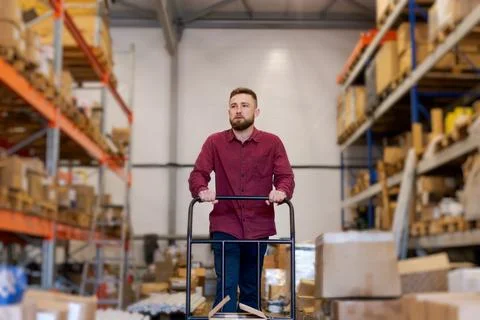 Warehouse Worker Transporting Goods with Platform Trolley in Logistics Center Fotos Stock