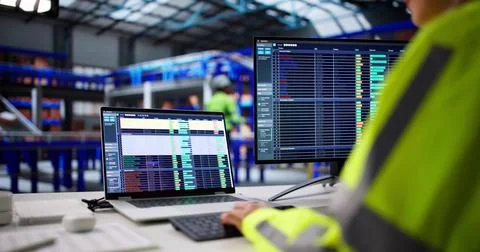 Warehouse Worker Uses Logistic Software To Manage Inventory And Orders. Woman Stock Photos