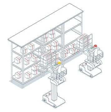 Warehouse worker uses an order picker forklift to load cardboard boxes onto.. Stock Illustration