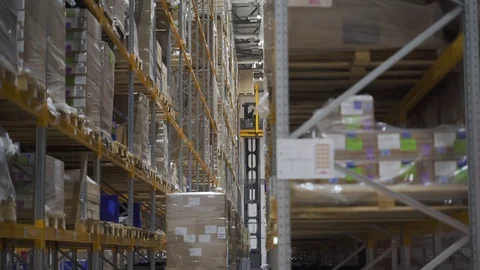 Warehouse worker using car and forklift, lifting delivering cardboard goods for Stock Footage 127674865