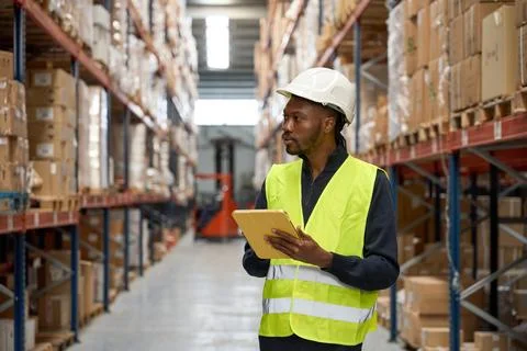 Warehouse worker using digital tablet managing inventory and logistics Stock Photos