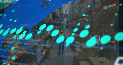 Warehouse worker using hoverboard with digital data animation in background Video stock 303554601