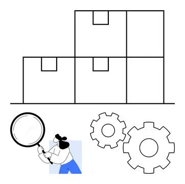 Warehouse Worker Using Magnifying Glass to Inspect Large Stacked Boxes with.. Illustrazione stock