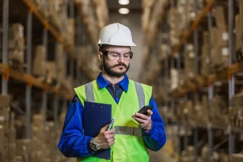 Warehouse worker using mobile phone Stock Photos