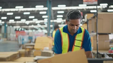 Warehouse worker using a QR code reader, scanning parcels into the system 스톡 동영상 205248850