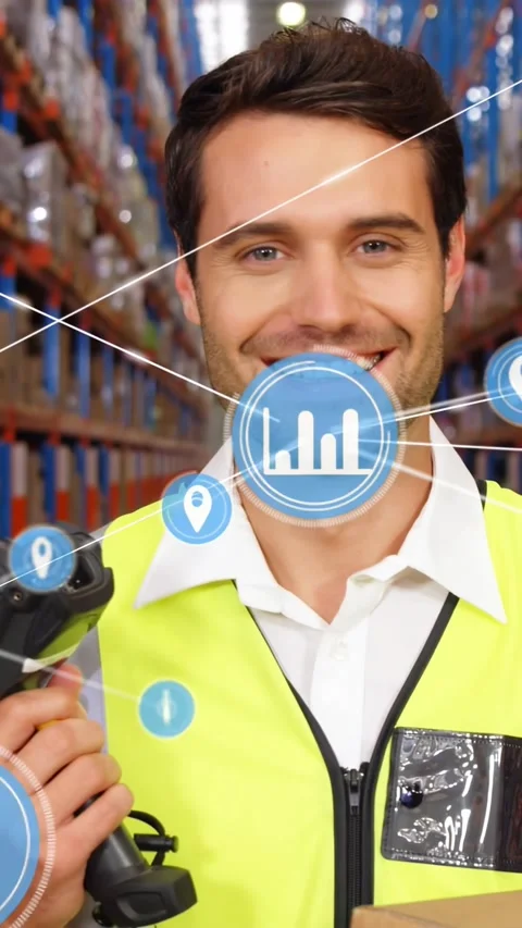 Warehouse worker using scanner, holding box, blue icons radiating linking over Stock Footage 331166902